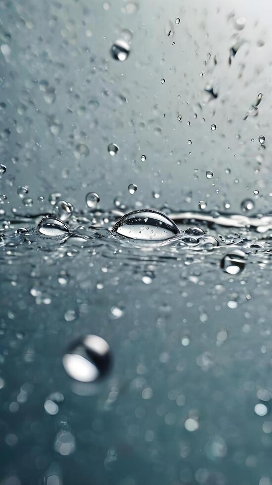 A close-up vertical image of glass with water droplets, set against a defocused background ideal for text placement. photo