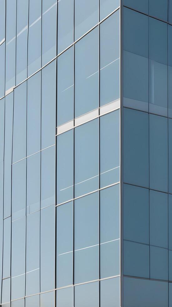 A vertical shot of glass windows capturing soft reflections, forming geometric designs with open areas for text. photo