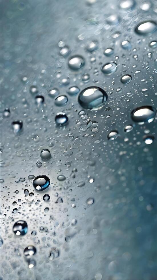 Close-up vertical photo of water droplets on glass, with blurred background providing ample copy space.