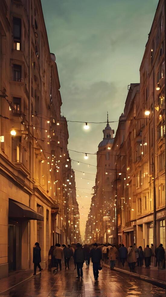 A vertical composition of softly blurred city lights in warm hues, offering a dreamy ambiance and open space. photo