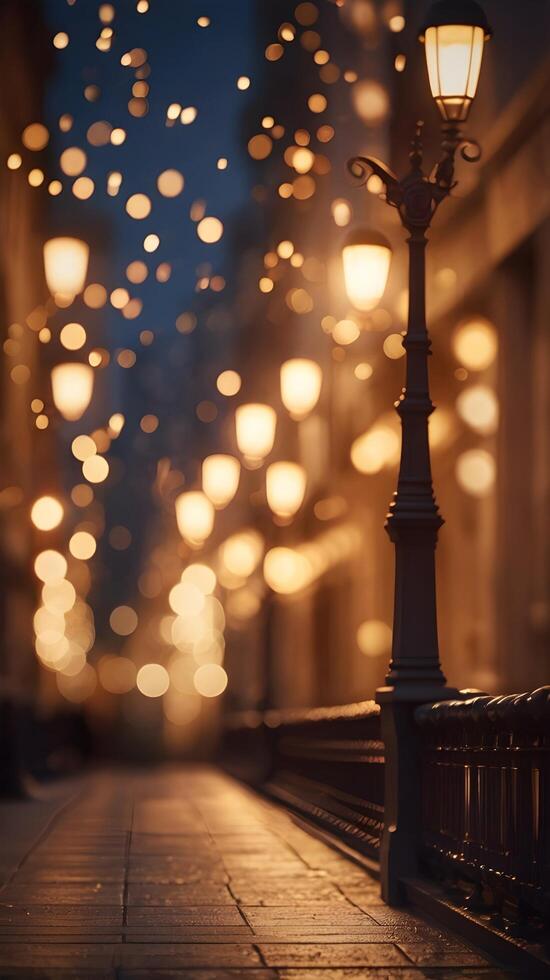 Vertical background showcasing gently blurred urban lights in warm shades, creating an inviting and airy feel. photo