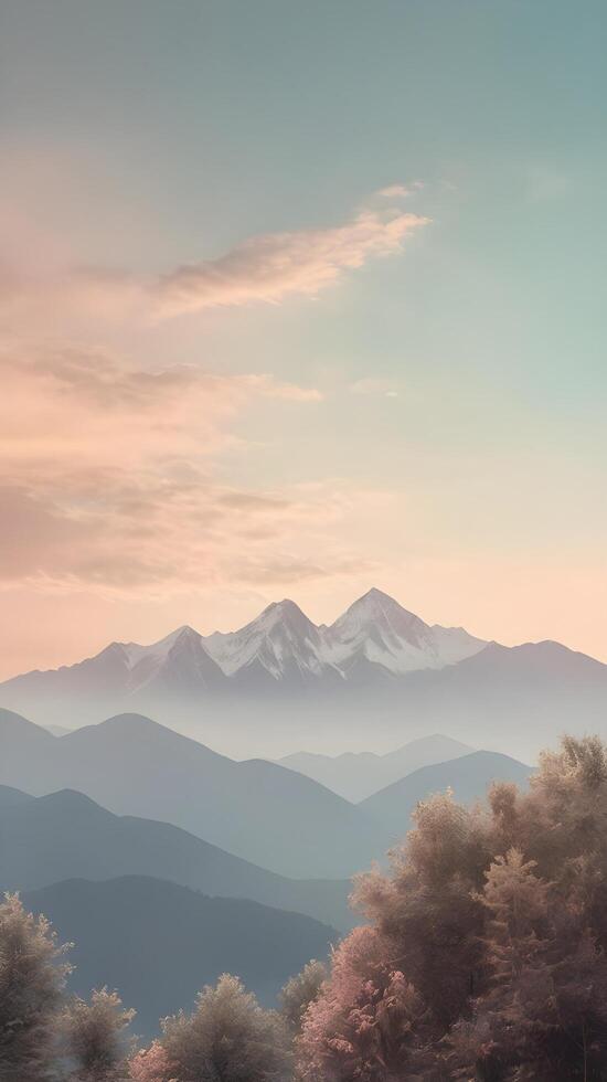 A peaceful vertical portrayal of a distant mountain ridge under hazy clouds, painted in gentle pastel tones, with a broad sky for copy space. photo