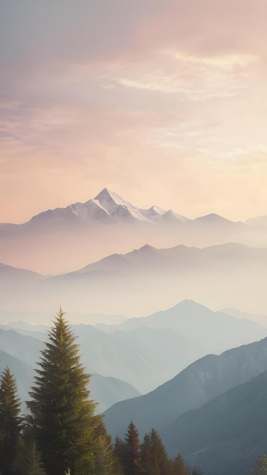 A tranquil vertical view of a distant ridge, surrounded by hazy clouds, soft pastel colors, and a vast sky with space for copy. photo