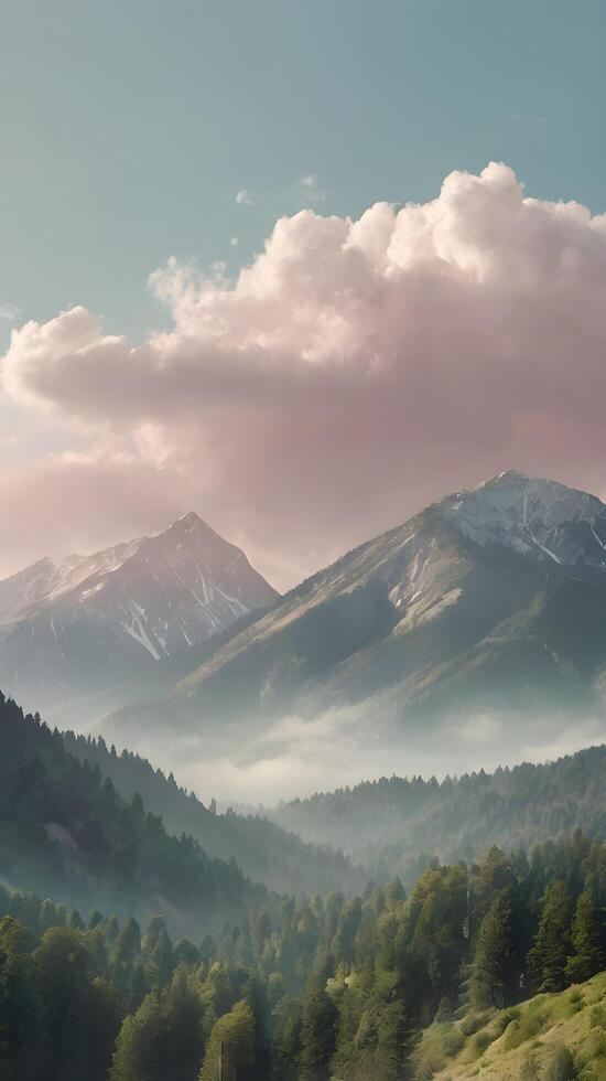 A vertical composition featuring a distant mountain ridge beneath soft, hazy clouds, with pastel tones and an expansive sky offering ample copy space. photo