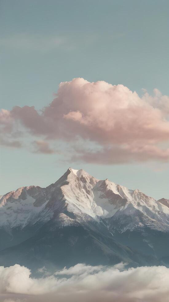 A vertical scene of a distant mountain ridge with soft, hazy clouds, gentle pastel hues, and open sky for copy space. photo