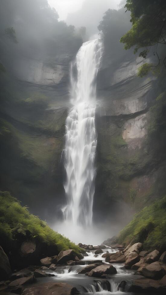A vertical perspective of a misty waterfall, with delicate textures and uncluttered regions designed for text overlay. photo
