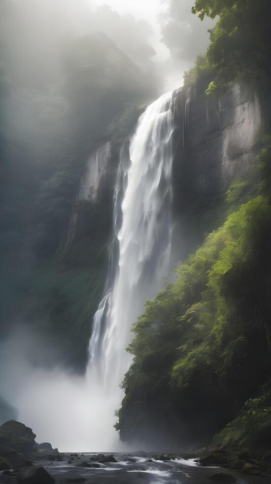 A peaceful vertical composition featuring mist rising from a waterfall, with soft, subtle textures and plenty of space for text. photo