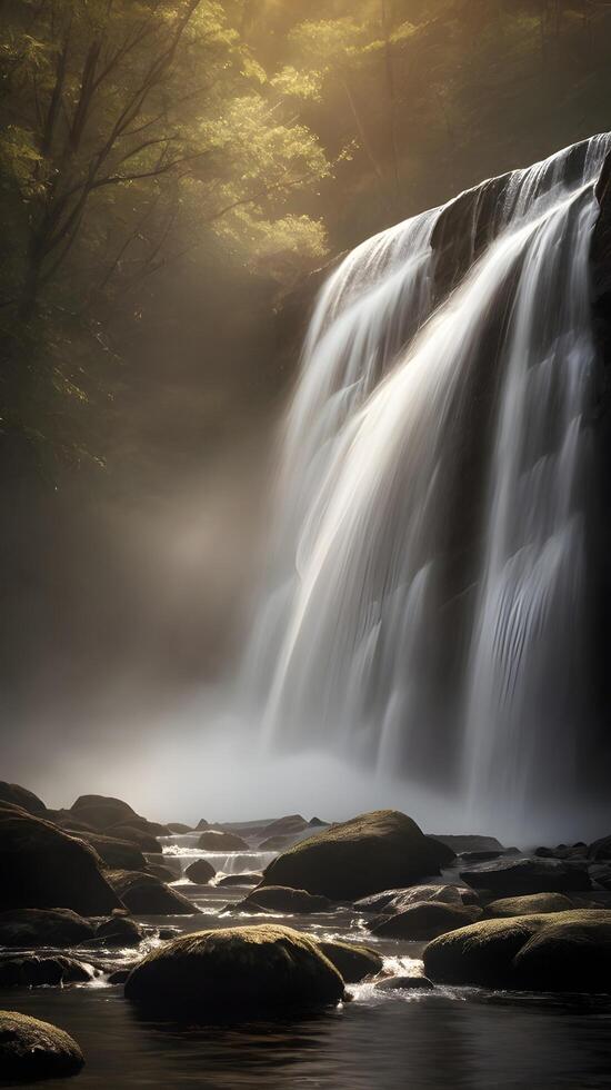 A vertical frame of misty spray emerging from a cascading waterfall, with smooth textures and open areas perfect for overlaying text. photo