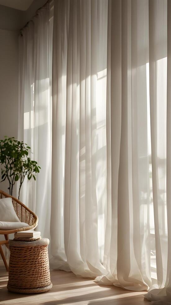 A minimalist close-up of sheer white curtains under soft natural light, creating a tranquil mood and leaving room for text. photo