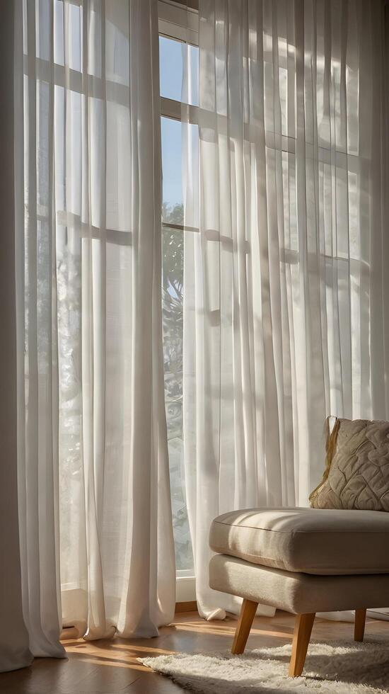 A serene close-up of softly lit sheer white curtains, showcasing gentle folds and a peaceful atmosphere with room for copy. photo
