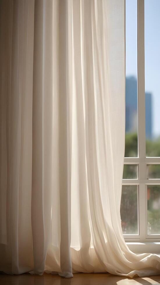A tranquil vertical view of sheer white curtain folds, bathed in soft daylight, with open space perfect for text placement. photo