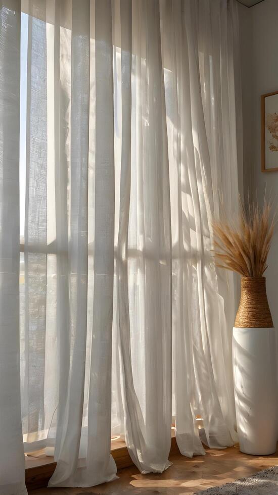Close-up of vertical folds of sheer white curtains softly lit by natural daylight, creating a tranquil atmosphere with copy space. photo