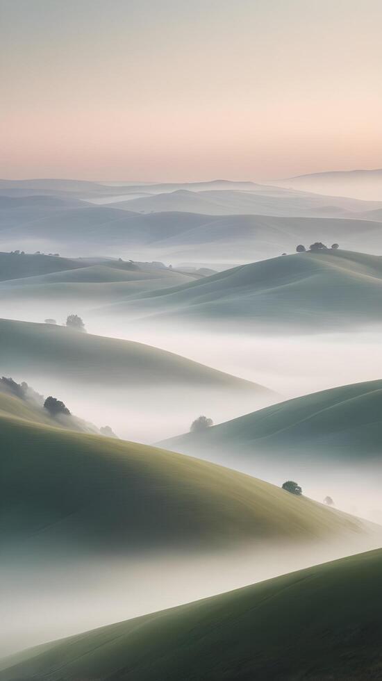 A vertical view of rolling hills blanketed in morning fog, with subdued colors and a gentle gradient sky offering space for text. photo