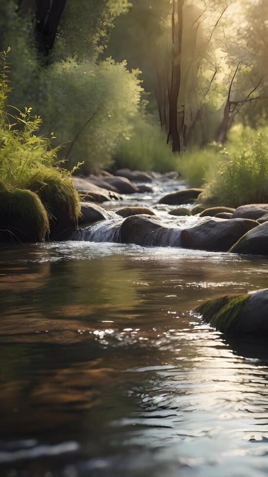 A minimalist vertical scene of a small creek, with flowing water and delicate natural details, offering spacious open areas. photo