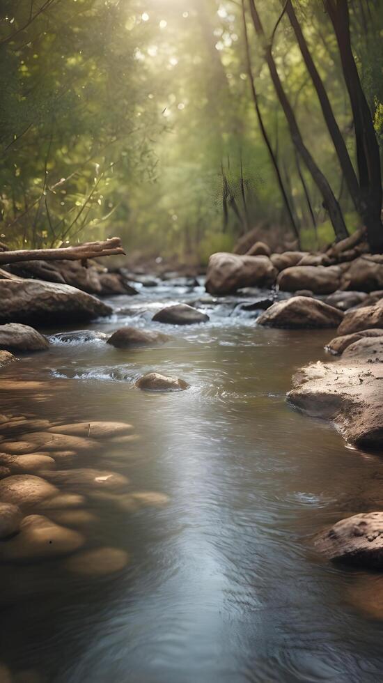 A peaceful vertical image capturing a quiet creek, with calm water lines and soft surrounding textures providing open space. photo