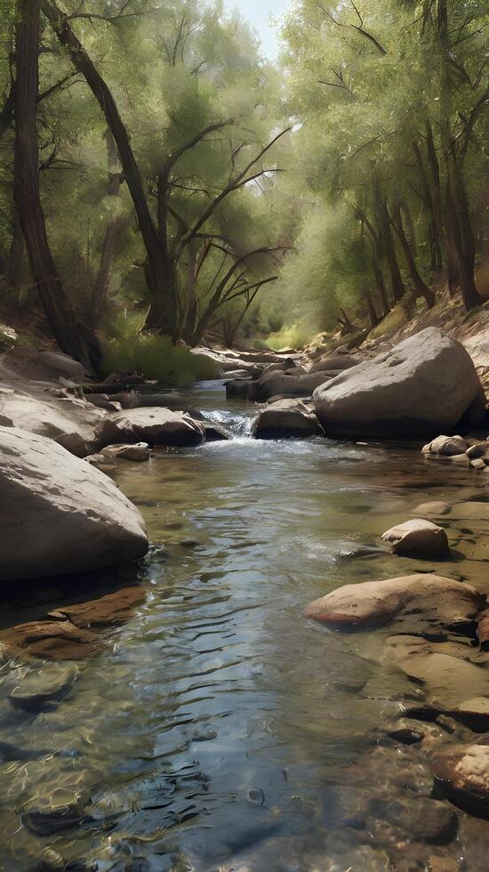 A quiet vertical capture of a small creek with smooth water lines, surrounded by soft natural textures and open areas. photo