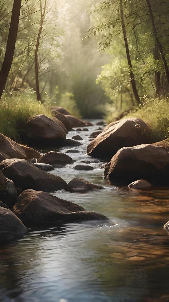 A tranquil vertical shot of a small stream, featuring smooth water patterns and framed by subtle natural elements with clear areas. photo