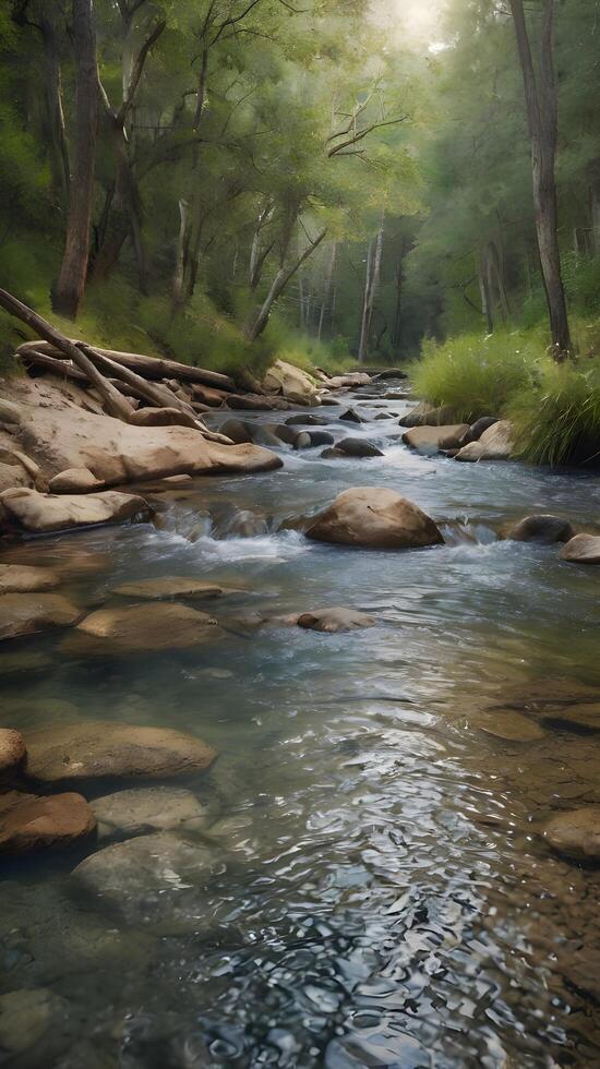A serene vertical view of a gentle creek, with smooth flowing water, surrounded by soft natural textures and ample open space. photo
