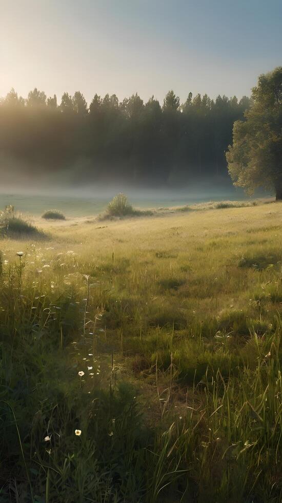 A tranquil vertical view of a quiet meadow in the early morning, with gentle light and an expansive sky perfect for copy placement. photo