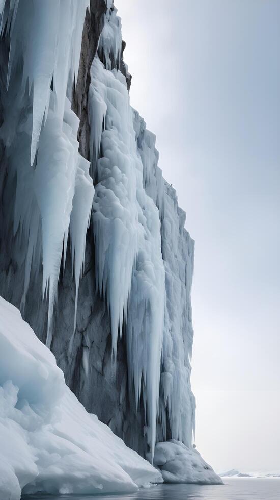 A vertical composition of a stunning icy cliff with intricate ice patterns, set against a vast sky providing room for text overlay. photo