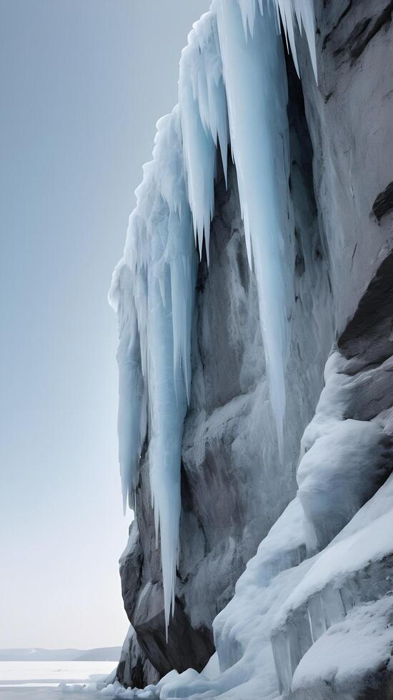 A vertical capture of a frozen cliff, detailed with cascading ice, and a wide expanse of blank sky perfect for text. photo