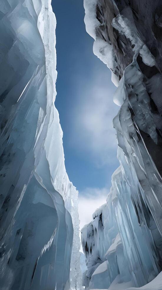 A high-resolution vertical shot of an ice-covered cliff, showcasing cascading ice formations with ample blank sky for copy placement. photo