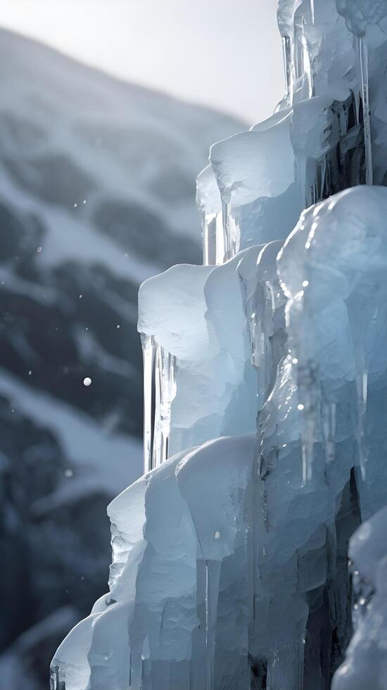 A vertical image of a detailed icy cliff with flowing ice patterns, framed by a clear sky offering space for text. photo