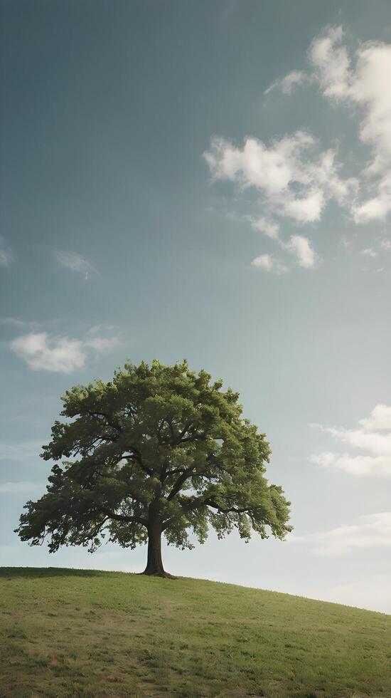 A minimalist vertical frame of a lone tree atop a soft hill, with a vast, blank sky for adding text. photo