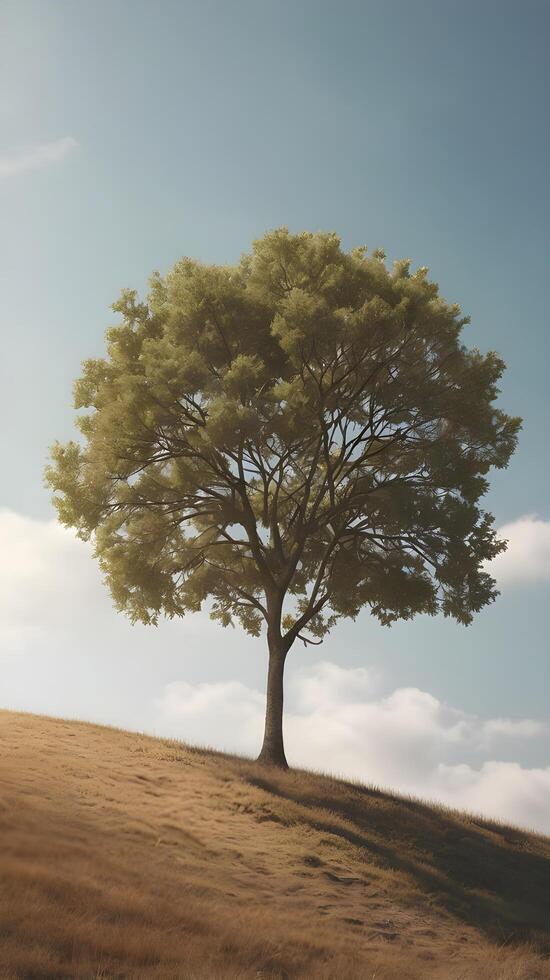 A tranquil vertical image of a lone tree on a soft hill, with an open sky offering plenty of space for text. photo