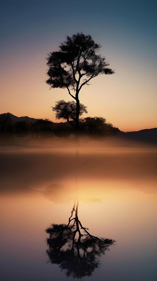 A serene vertical shot of a solitary tree outline against a fading twilight sky, offering ample space above for copy. photo
