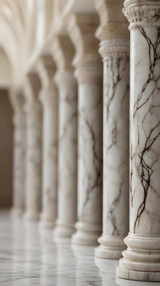 A detailed vertical capture of marble columns, showcasing intricate veins, with an empty neutral background perfect for text placement. photo