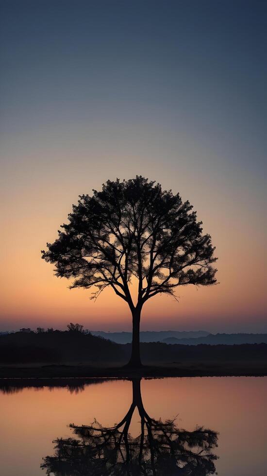 A vertical shot of a solitary tree silhouette against a gradient twilight sky, with plenty of space for text at the top. photo