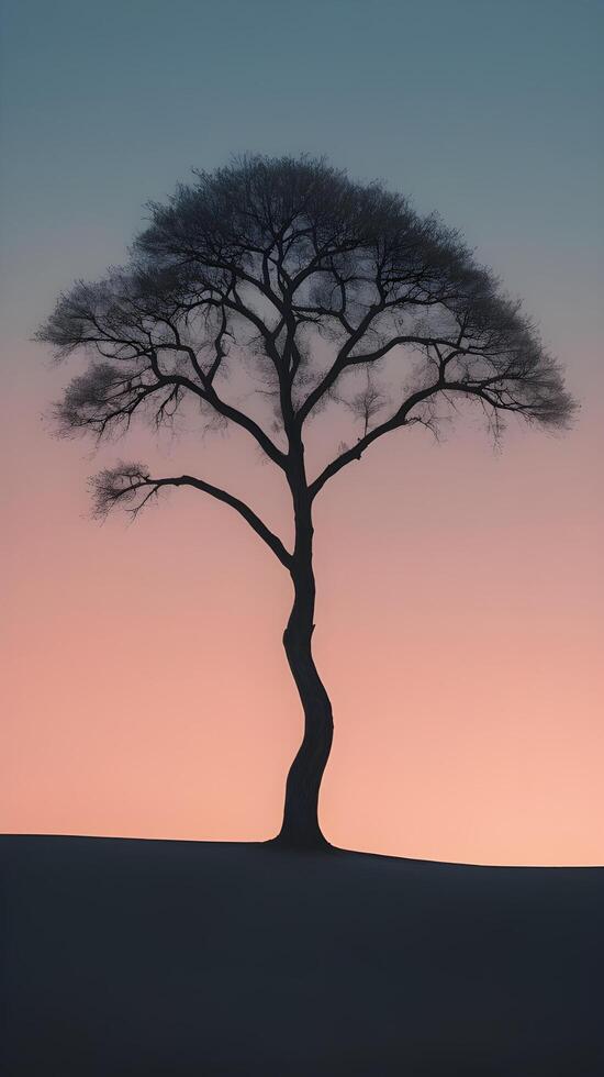 A peaceful vertical capture of a lone tree silhouetted against a gradient sky at dusk, with clear space at the top for text. photo