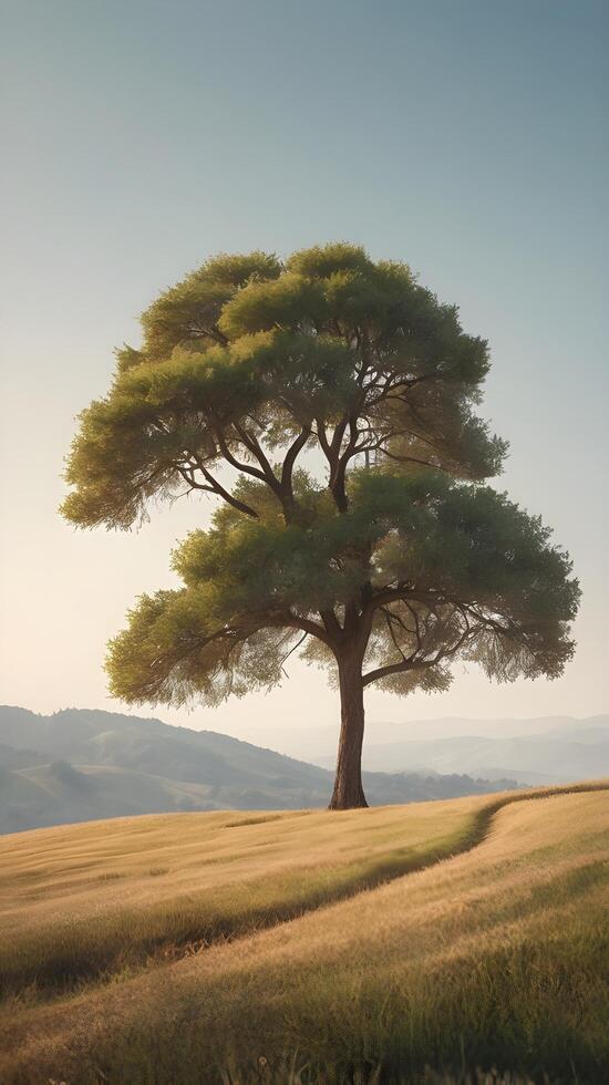 A quiet vertical shot of a single tree on a gentle hill, with a blank sky providing ample copy space. photo