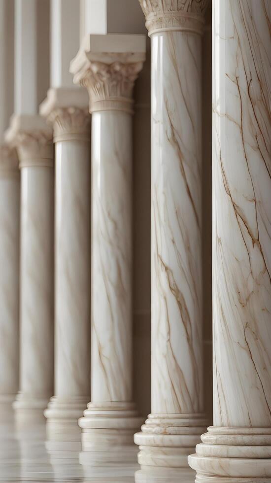 Close-up of vertical marble pillars with intricate veins and a clean, neutral background offering ample copy space. photo