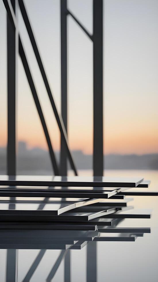 A vertical image of smooth steel beams arranged in a minimalist style, with sharp lines and ample negative space for text. photo