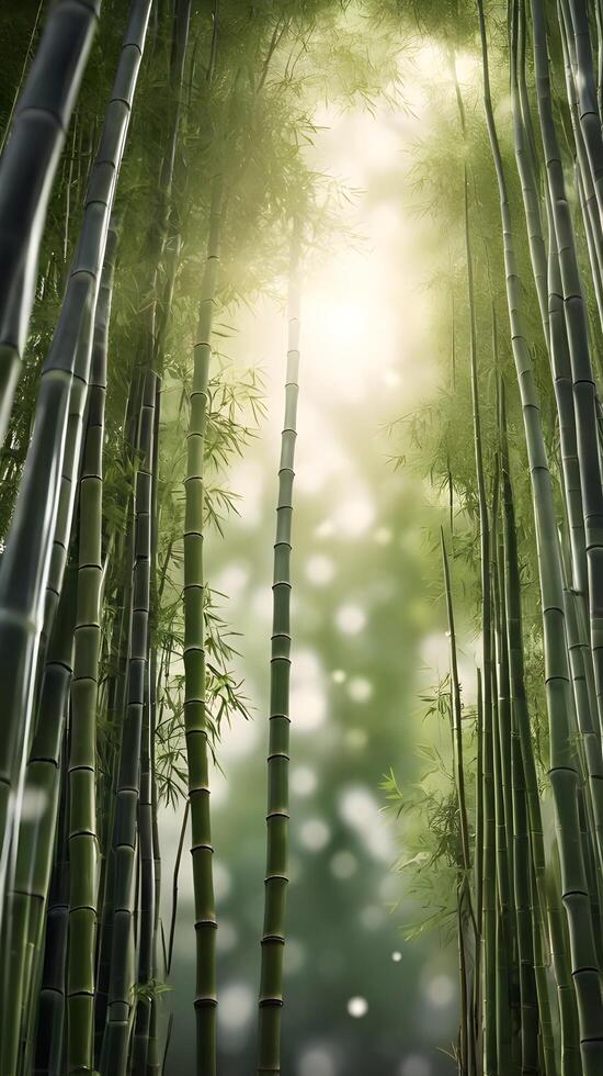 A serene vertical scene of bamboo growing towards the sky, with thin stalks and subtle green tones, offering clear space for text. photo