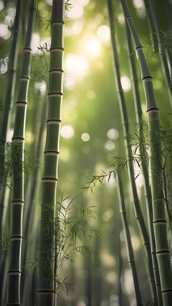 A vertical capture of bamboo stalks in a peaceful grove, gently rising with soft green hues and empty space for copy. photo