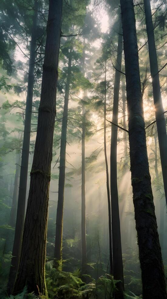 A close-up shot of a lush forest, with vertical tree trunks draped in morning mist, subtle light gradients, and open space above for text. photo