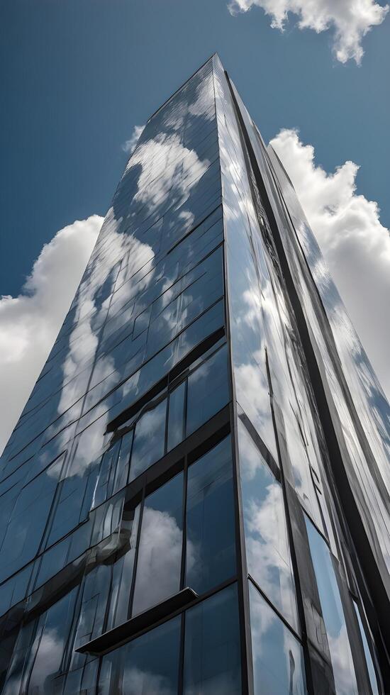 A sharp vertical view of a glass skyscraper with soft cloud reflections, offering generous negative space for design elements. photo