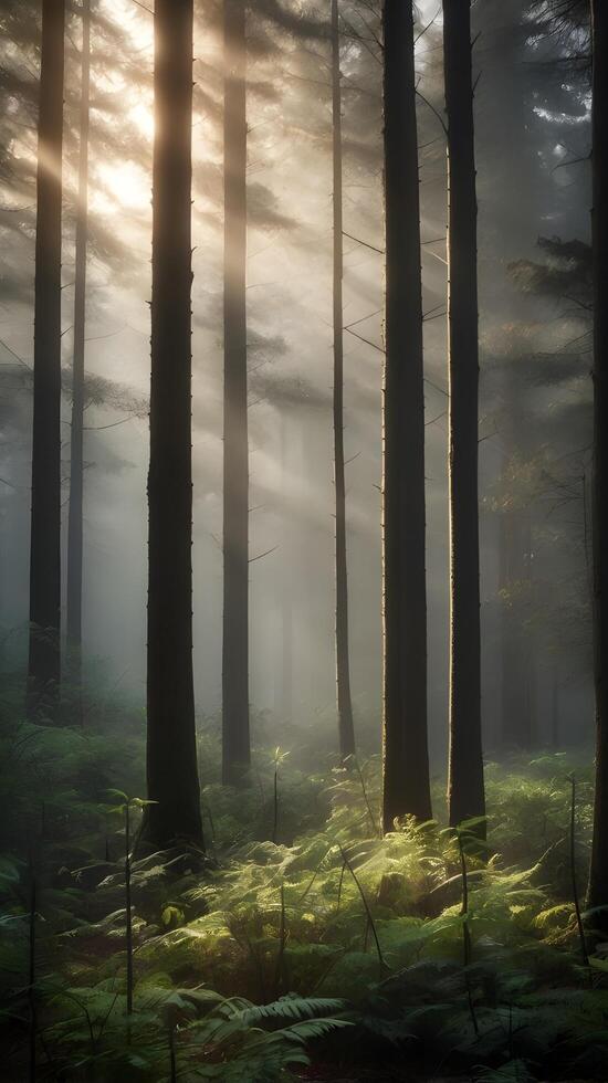 A detailed photo of a thick forest with vertical tree trunks enveloped in morning fog, soft light gradients, and ample space for text at the top.