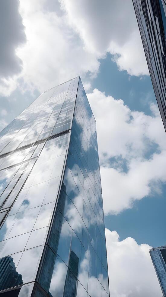 A detailed vertical shot of a modern glass building, reflecting soft clouds in its surface, leaving plenty of empty space for text. photo