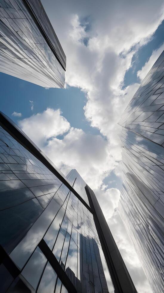 A high-resolution vertical image of a contemporary glass skyscraper reflecting gentle clouds, with ample negative space around it. photo