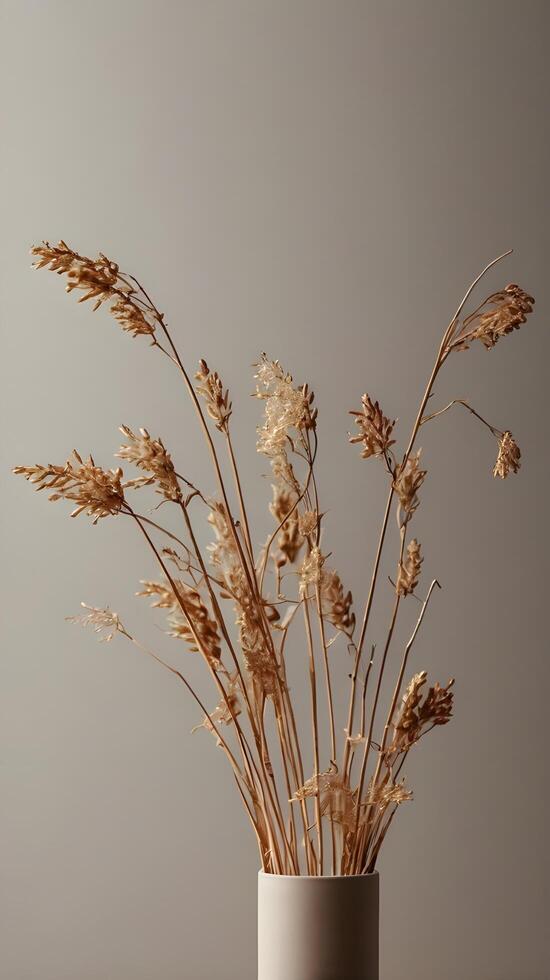 A vertical composition of dried flowers arranged against a simple neutral backdrop, providing a clean, minimalist style and room for copy. photo