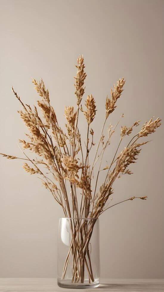 A vertical display of dried floral stems set against a blank, neutral background, offering a minimalist look with space for text. photo