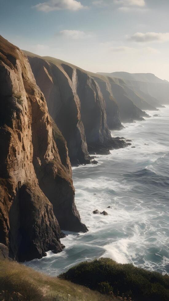 A tranquil vertical shot of high sea cliffs, soft waves lapping at the base, and a blank sky perfect for text placement. photo