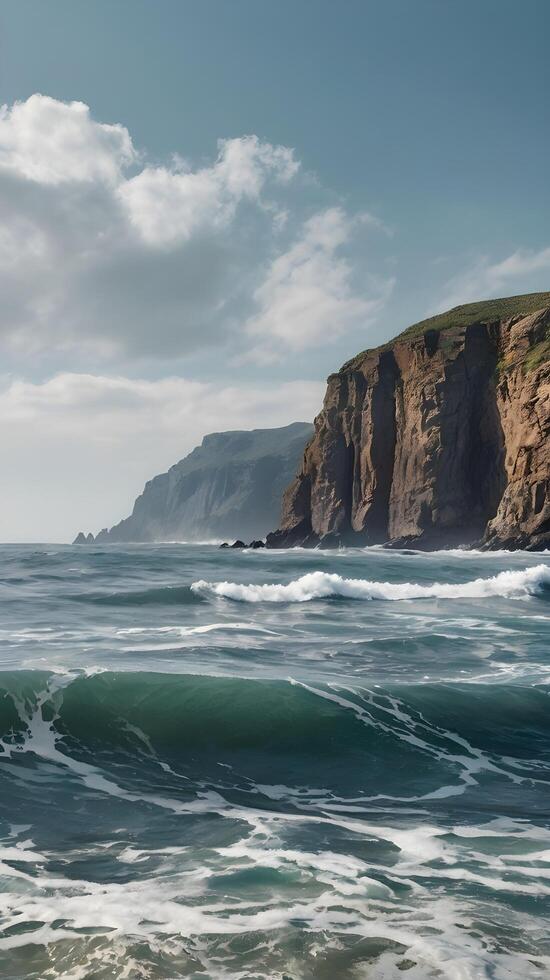 A calm vertical view of towering cliffs by the sea, with subtle waves at the base and empty sky space for design purposes. photo