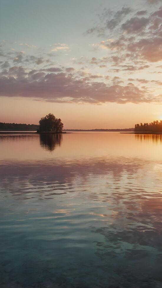 A tranquil vertical shot of sunset hues gently reflecting on still water, offering a serene atmosphere and clear space for copy. photo