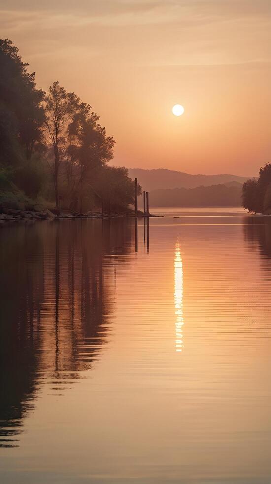 A vertical photo of soft sunset hues reflecting on still water, creating a calm atmosphere with copy space.