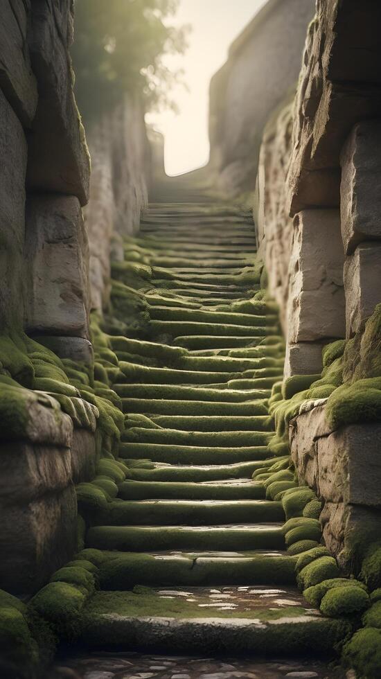 A vertical view of an old stone staircase, marked with moss and age, offering open sky or background space for text. photo